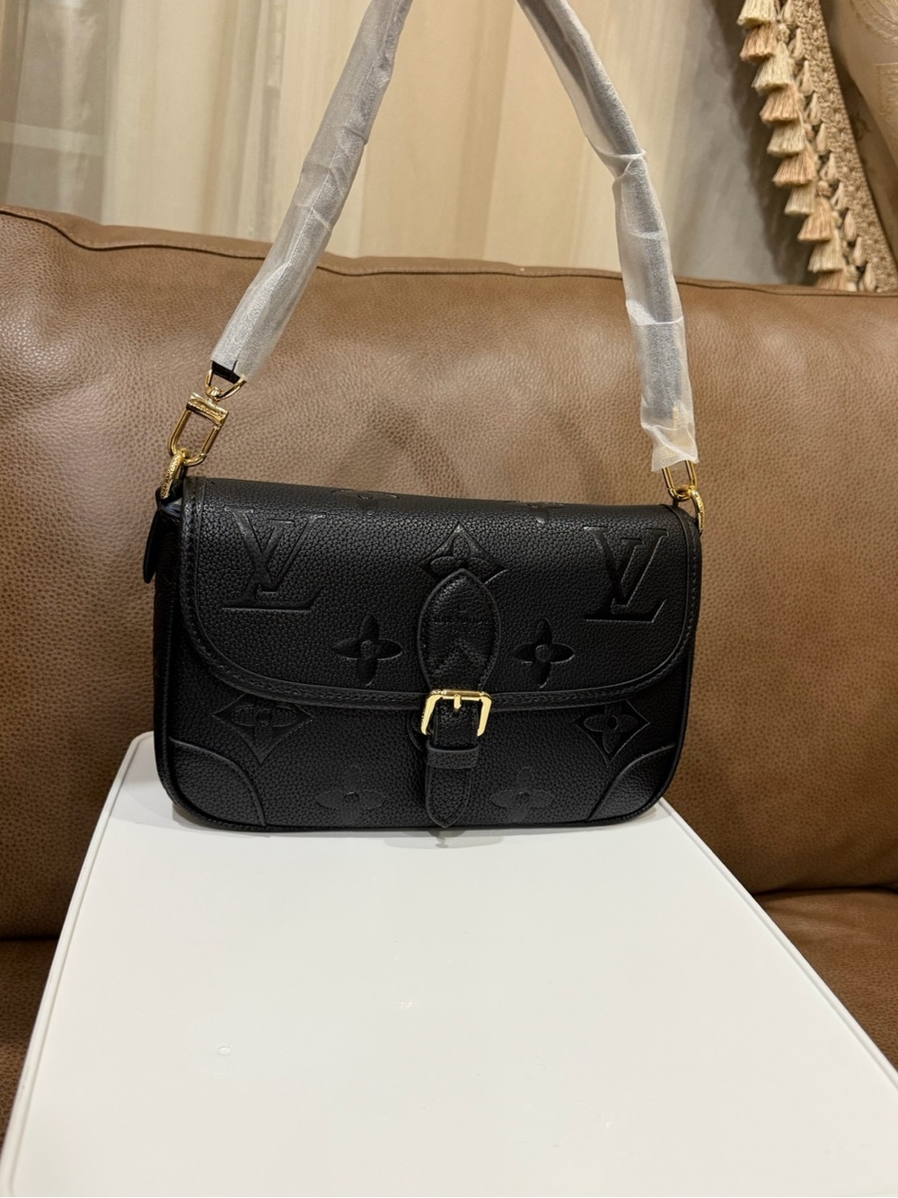Louis Vuitton Black Embossed Monogram Shoulder Bag with Gold Hardware